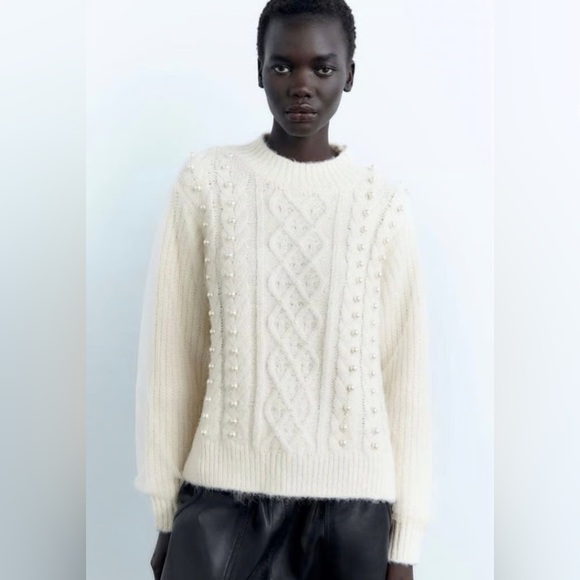 Pearl Cable Knit Sweater Tulle Puff Long Sleeves Top Blouse Relaxed Fit Jumper - Picture 17 of 17